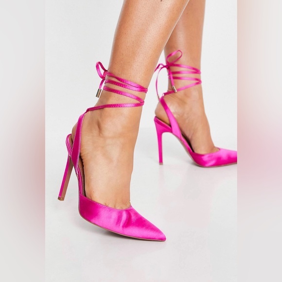 ASOS DESIGN Pally Tie Leg High Heeled Shoes in Pink Satin - Picture 1 of 3